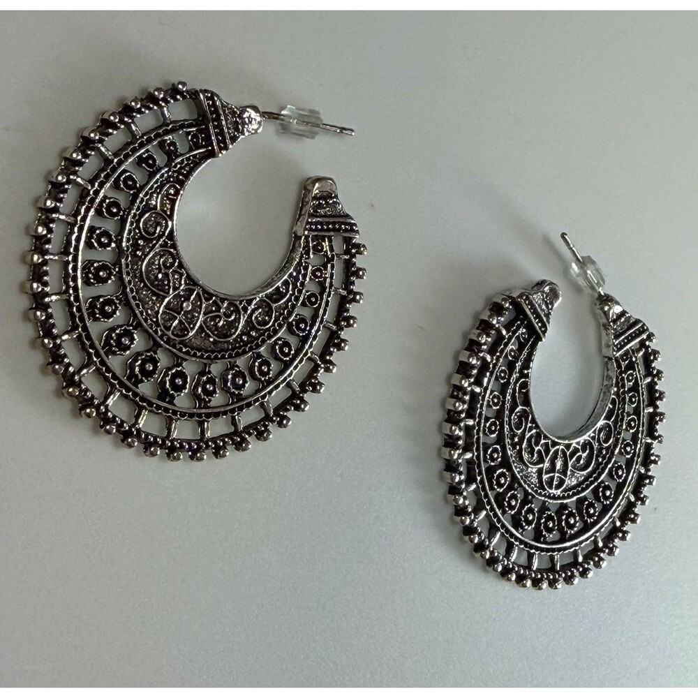 Vintage Silver Crescent Hoop Earrings Ornate Tribal Boho Filigree Mandala Dangle